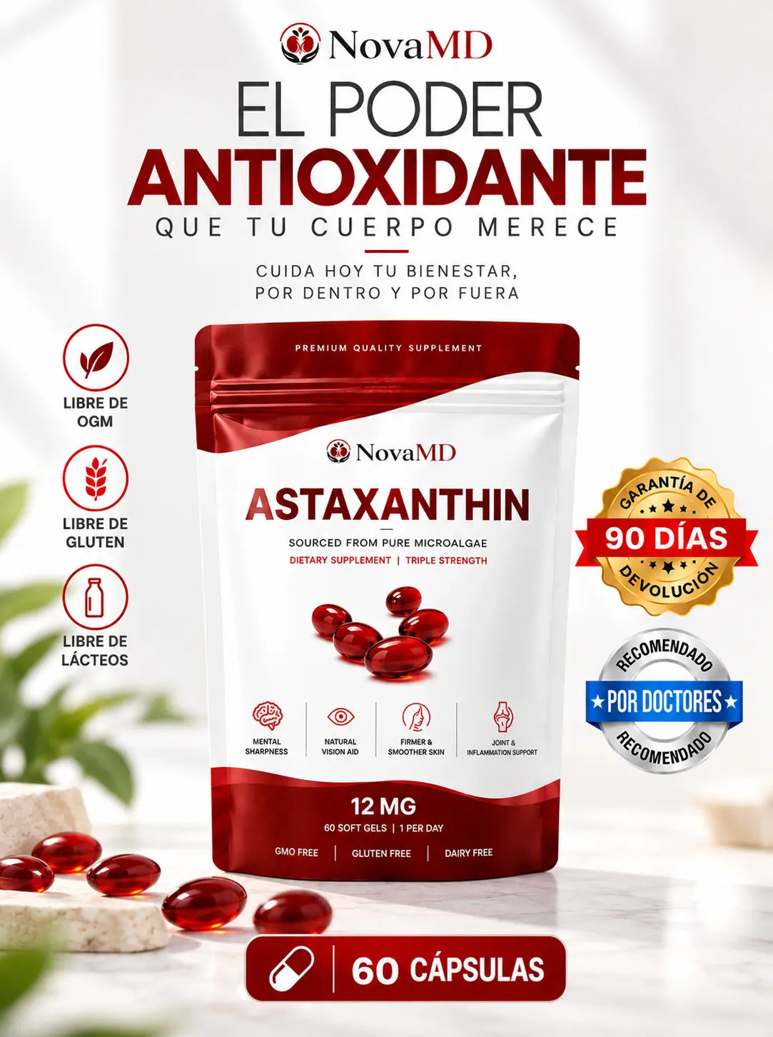 Astaxanthin NovaMD 12 mg - Potencia tu rutina y Protege tu bienestar.